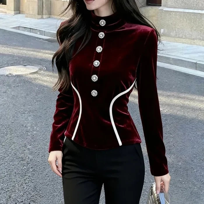 Velvet Stand-Collar Button Shirt