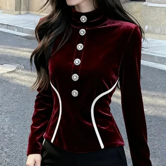 Velvet Stand-Collar Button Shirt