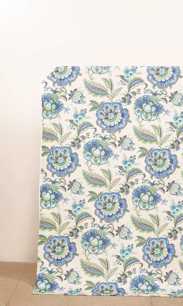 Floral Cotton Drapes for Living, Bedroom, Kitchen, Bathroom (Turquoise/ Ultramarine Blue)