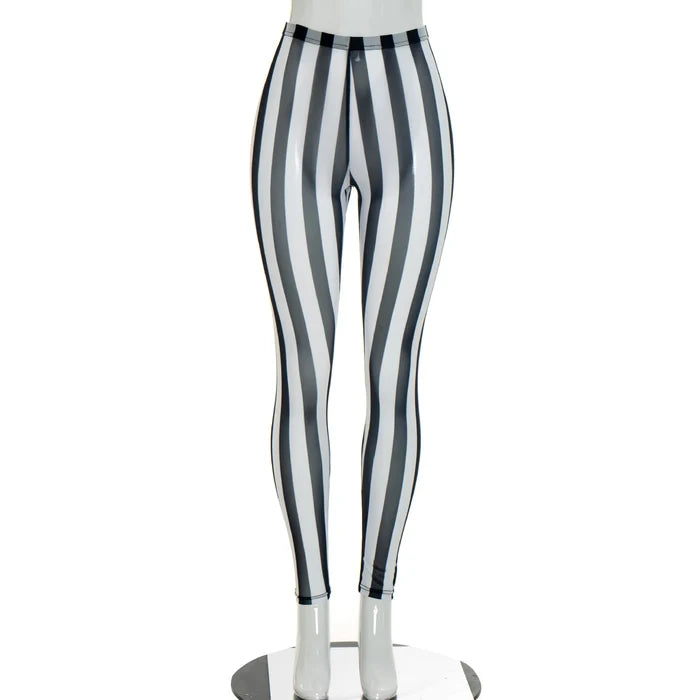 Vintage Stripe Print Mesh Leggings | High-Waist Skinny Ankle Pants