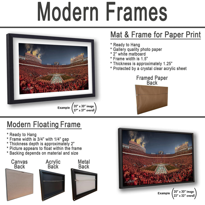 The image is a collage of two framed pictures, one of a stadium and one of a crowd. The framed picture is a mat and frame for a paper print, while the other is a modern floating frame.