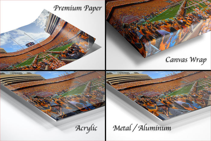 four different views of a large crowd at a sports stadium, with the crowd filling the stands. The text labels the different types of materials used to print the image: "Premium Paper", "Canvas Wrap", "Acrylic", and "Metal/Aluminum".