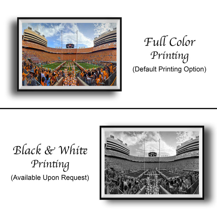 The image is a collage of two framed pictures, one in black and white and the other in full color. The black and white picture shows a crowd of people in a stadium, while the full color picture depicts a large stadium with a scoreboard and other stadium features. The text indicates that the full color printing is available upon request, and the black and white picture is described as "Black & White Printing" and "Available Upon Request".