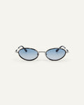 Face shot of Bonnie Clyde Voodoo sunglasses in silver and black tortoise with blue gradient lenses.