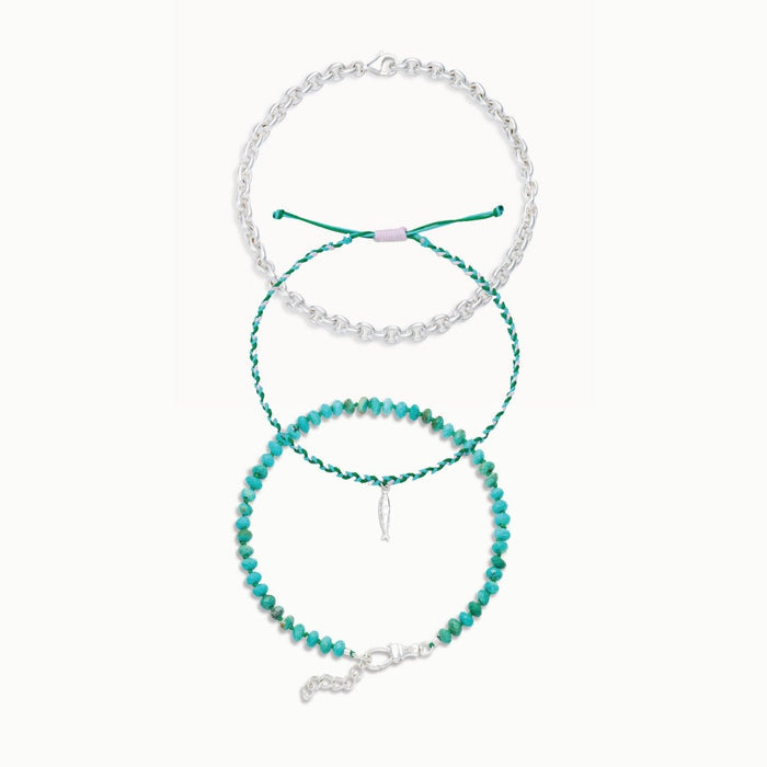 wanderer's way turquoise anklet trio
on white background