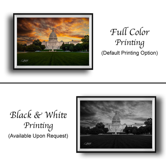 The image is a collage of two framed pictures. The top picture is a full color print of the United States Capitol building, while the bottom picture is a black and white print of the same building. Both pictures are framed and available upon request.