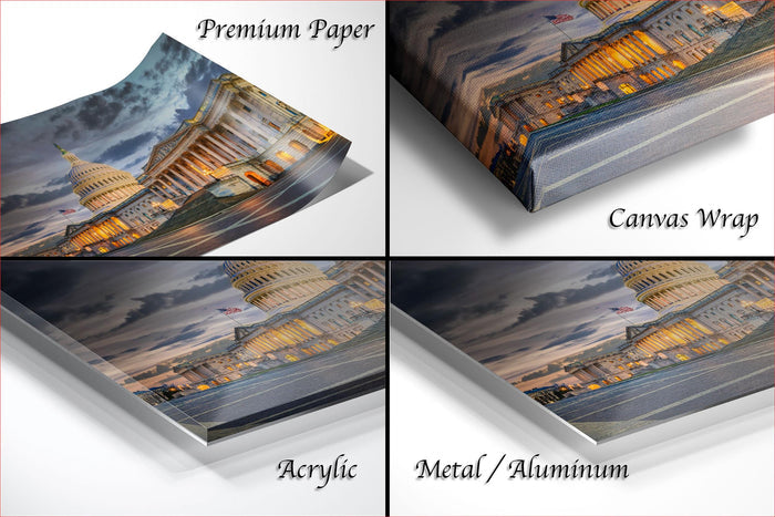 The image is a collage of four photos depicting the United States Capitol building at different angles and lighting conditions.