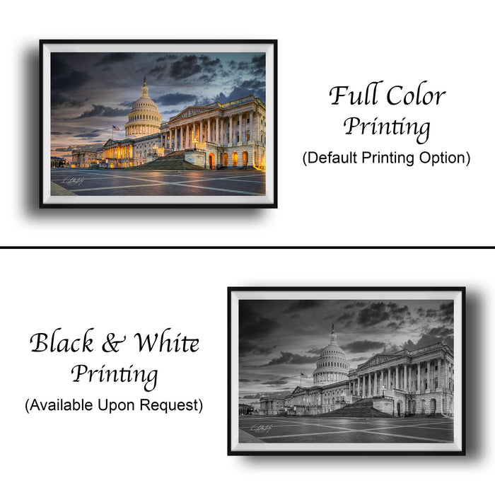 The image is a collage of two framed pictures. The top picture is a full color print of the United States Capitol building at night, while the bottom picture is a black and white print of the same building. Both pictures are framed and available upon request.
