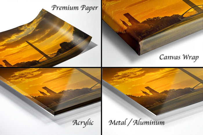 four different views of a sunset landscape, each with a different material or finish applied to it. The text labels the images as "Premium Paper", "Canvas Wrap", "Acrylic", and "Metal/Aluminum".