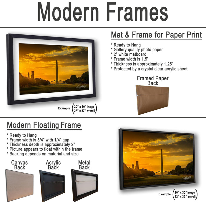 The image is a collage of two framed artworks, one of which is a mat and frame for a paper print, and the other is a modern floating frame.
