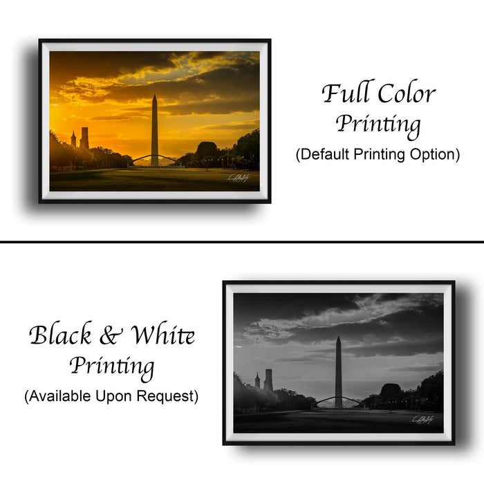 The image is a collage of two framed pictures, one in black and white and the other in full color. The black and white picture depicts a city skyline at sunset, while the full color picture shows the Washington Monument at sunset. Both pictures are labeled as "Full Color Printing (Default Printing Option)" and are available upon request.