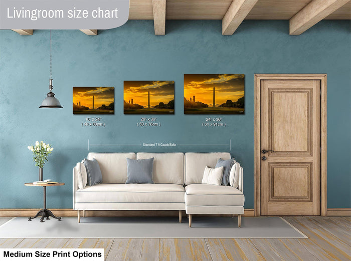 a living room with a white sofa and a wooden door. Above the sofa, there is a livingroom size chart that provides the dimensions of three different paintings. The chart indicates that the paintings are 24 inches by 36 inches in size.