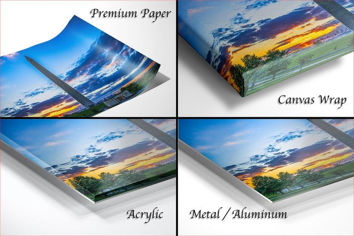 The image is a collage of four different images, each depicting a sunset over a landscape. The images are labeled as "Premium Paper", "Canvas Wrap", "Acrylic", and "Metal/Aluminum".