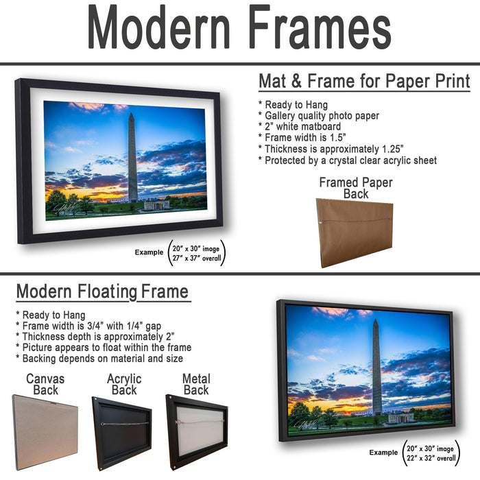 The image is a collage of two framed pictures, one of the Washington Monument and the other of a sunset. The Washington Monument is a tall obelisk, while the sunset is a colorful sky with clouds. The framed pictures are described as "Modern Floating Frame" and "Modern Floating Frame Back", suggesting that they are designed to hang on a wall and are made of materials like acrylic and metal.