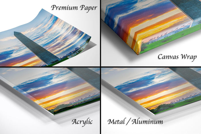 The image is a collage of four different views of a sunset over the Washington Monument, with each view represented as a separate image. The collage includes a close-up view of the monument, a canvas wrap, an acrylic print, and a metal/aluminum print.