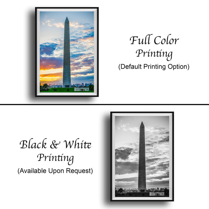 The image is a collage of two framed pictures. The top picture is a full-color print of the Washington Monument, while the bottom picture is a black and white print of the same monument. Both pictures are framed and available upon request.