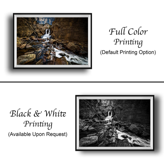 The image is a collage of two framed photographs. The top photograph is a black and white image of a waterfall, while the bottom photograph is a full color version of the same waterfall. The text below the images indicates that the full color printing is the default option, and the black and white version is available upon request.