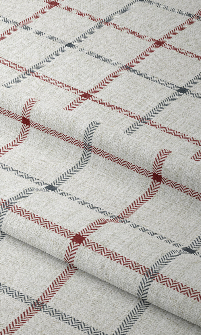 Check Patterned Home Textile Fabric Material By the Metre (Linen White/ Red)