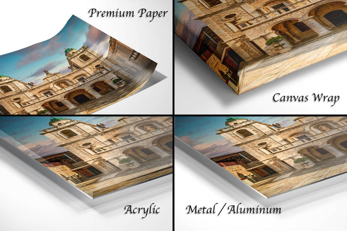 four different views of a stone building, including a close-up of the building's facade, a top-down view, a side view, and a bottom-up view. The image is labeled as a "Premium Paper", "Canvas Wrap", "Acrylic", and "Metal/Aluminum" depending on the perspective.