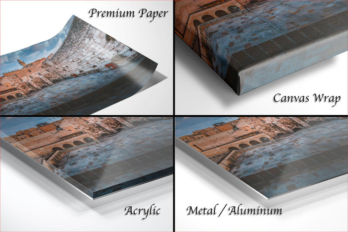The image is a collage of four different views of a stone building, with each view labeled as either "Premium Paper", "Canvas Wrap", "Acrylic", or "Metal/Aluminum".