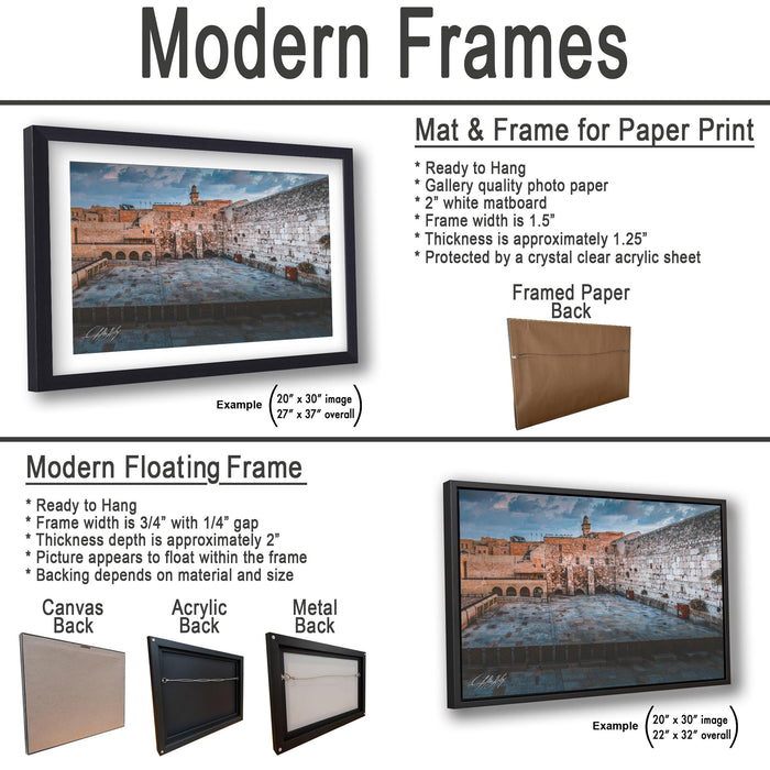 The image is a collage of two framed artworks, one of which is a mat and frame for a paper print, and the other is a modern floating frame.
