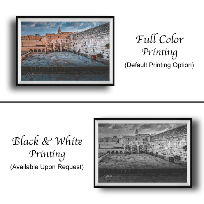The image is a collage of two framed pictures. The top picture is a full color print of a cityscape, while the bottom picture is a black and white print of the same cityscape. Both pictures are framed and displayed side by side, with the top picture being labeled as "Full Color Printing" and the bottom picture as "Black & White Printing (Available Upon Request)"