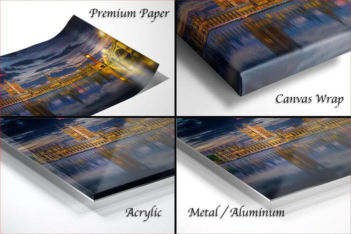 The image is a collage of four different views of a printed artwork depicting a cityscape at night, with the artwork appearing on a canvas wrap.