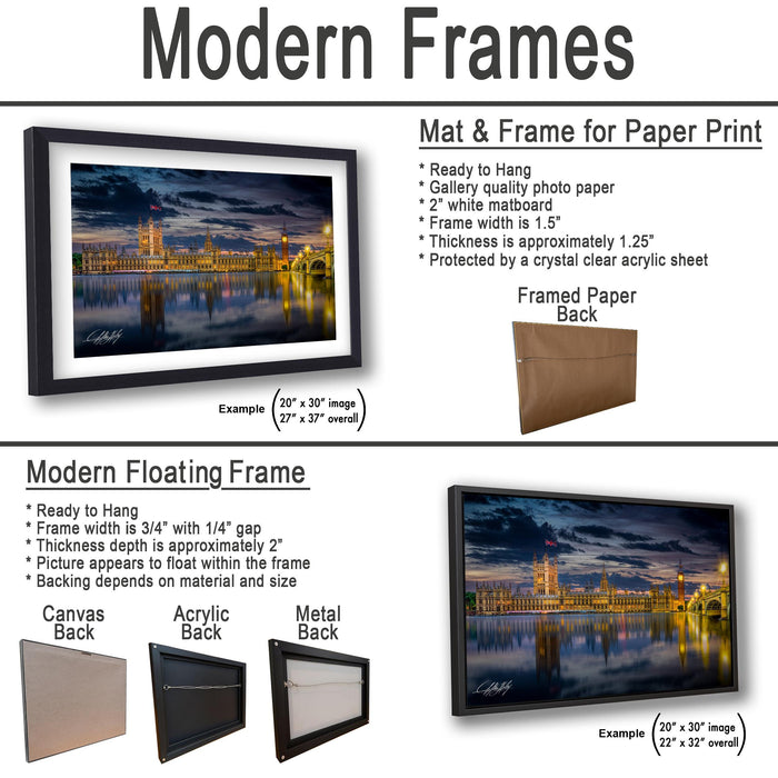 The image is a collage of two framed artworks, one of which is a mat and frame for a paper print, and the other is a modern floating frame.
