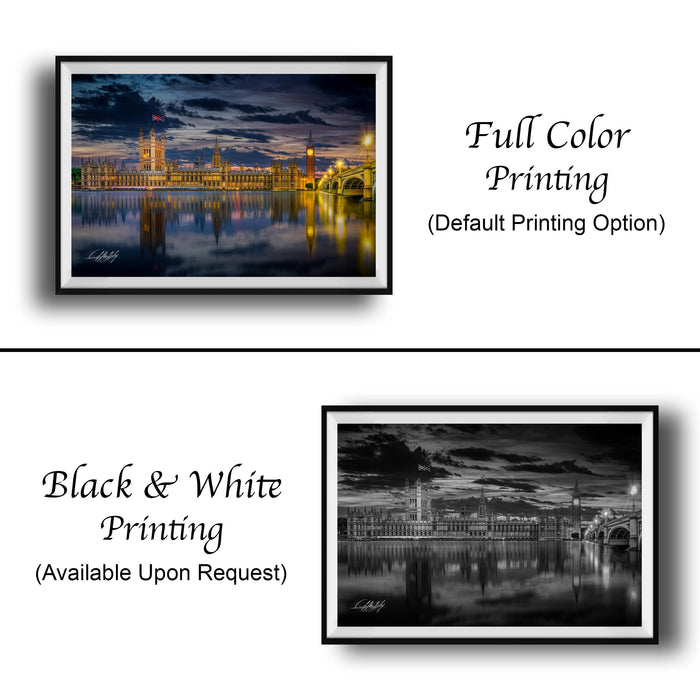 The image is a collage of two framed pictures. The top picture is a full-color print of a city skyline at night, while the bottom picture is a black and white print of the same city skyline. Both pictures are framed and available upon request.