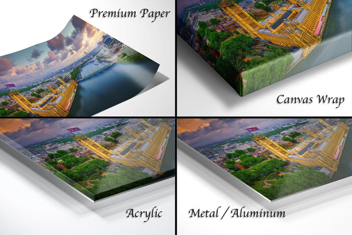 The image is a collage of four different views of a cityscape, including a premium paper, a canvas wrap, an acrylic, and a metal/aluminum.