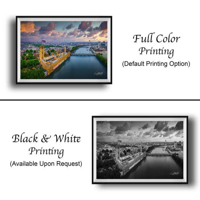 The image is a collage of two framed photographs. The top photograph is a full color print of a cityscape with a river, while the bottom photograph is a black and white print of the same cityscape. The text below the images indicates that the full color printing is available upon request, and the black and white print is not.
