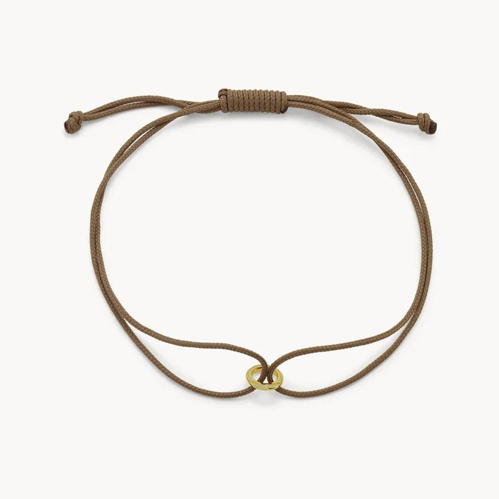 Whole and Complete Circle Cord Bracelet in 10k yellow gold with taupe cord