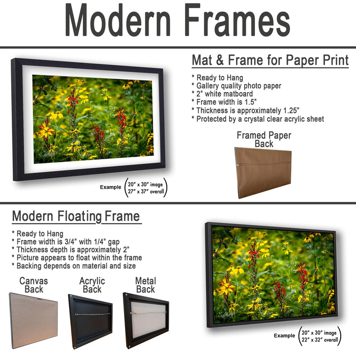 The image is a collage of three framed artworks, each with a different frame and backing material. The first frame is a mat and frame for a paper print, the second frame is a modern floating frame, and the third frame is a mat and frame for a printed back.