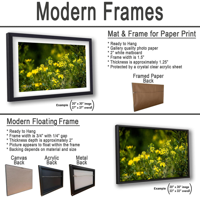 The image is a collage of three framed artworks, each with a different frame and backing material. The first frame is a mat and frame for a paper print, the second frame is a modern floating frame, and the third frame is a mat and frame for a canvas print.