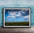 Wind Turbine Print, Blue Green Minimalist Landscape Eco Wall Art