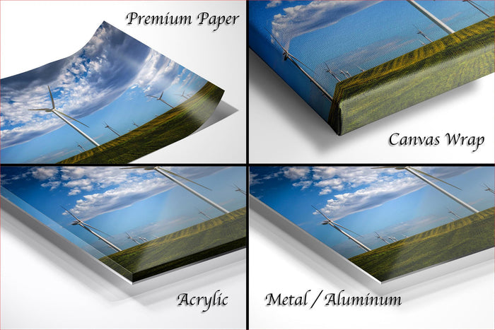 The image is a collage of four photos depicting wind turbines against a blue sky with clouds. The photos are labeled as "Premium Paper", "Canvas Wrap", "Acrylic", and "Metal/Aluminum".