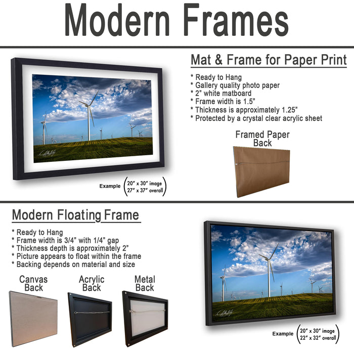 The image is a collage of two framed pictures, one of a wind farm and the other of a field with a blue sky. The framed picture is a mat and frame for a paper print, while the other is a modern floating frame.