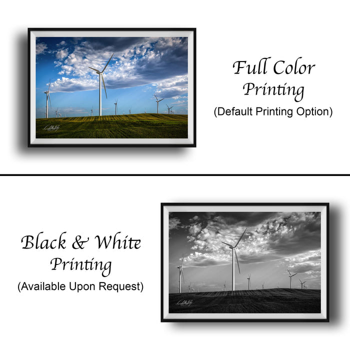 The image is a collage of two framed pictures. The top picture is a full color print of a wind farm with multiple wind turbines, while the bottom picture is a black and white print of the same wind farm. Both pictures are framed and available upon request.