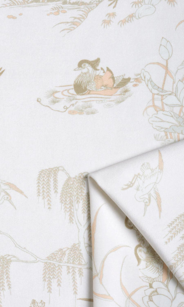 Chinoiserie Toile Velvet Fabric Material By the Metre (White/ Ivory)