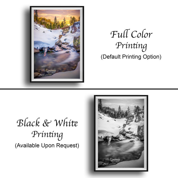The image is a collage of two framed pictures, one in black and white and the other in full color. The black and white picture depicts a snowy landscape, while the full color picture shows a flowing river. Both pictures are available upon request.