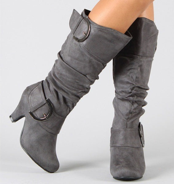 Women's Belt Buckle Mid-Calf Zipper Boots