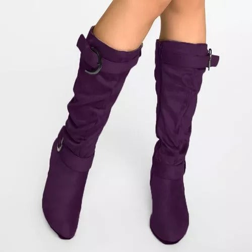 Women's Belt Buckle Mid-Calf Zipper Boots