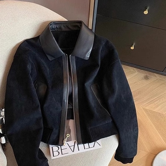 Women's Black Patchwork Lapel Suede Crop Jacket