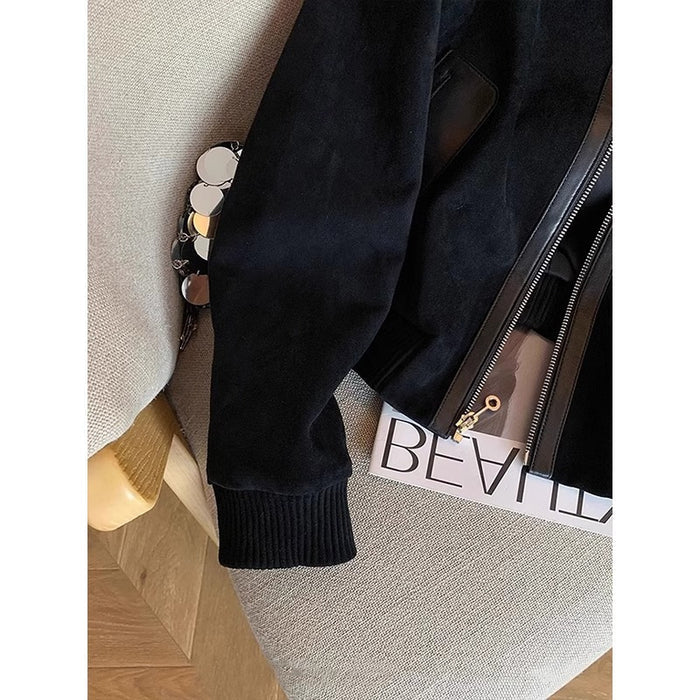 Women's Black Patchwork Lapel Suede Crop Jacket