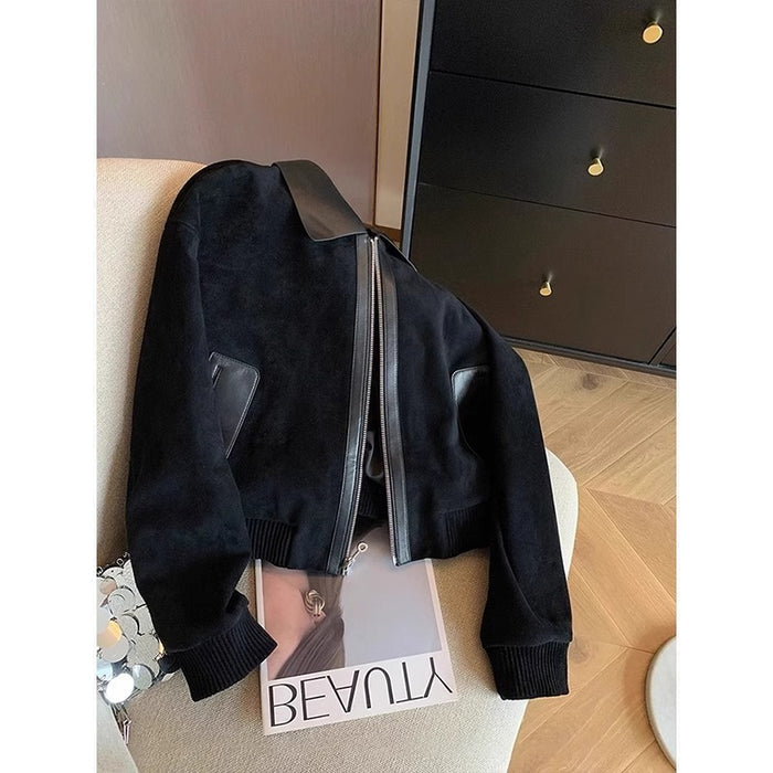 Women's Black Patchwork Lapel Suede Crop Jacket