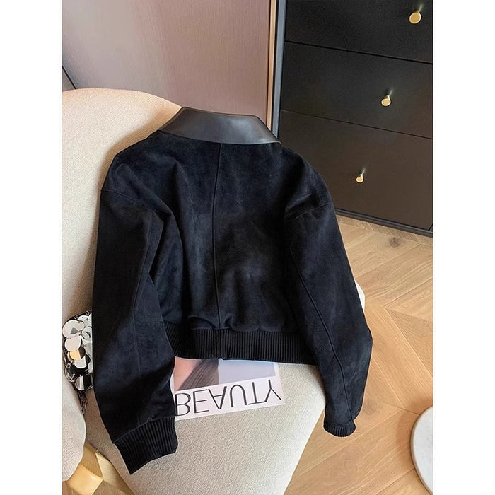 Women's Black Patchwork Lapel Suede Crop Jacket