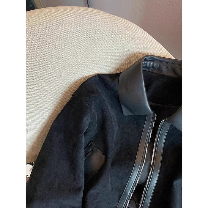 Women's Black Patchwork Lapel Suede Crop Jacket