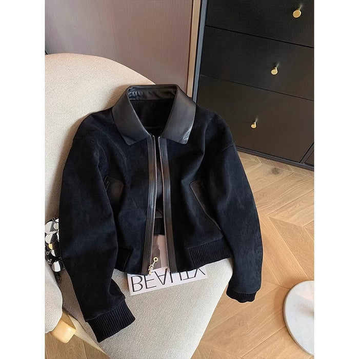 Women's Black Patchwork Lapel Suede Crop Jacket