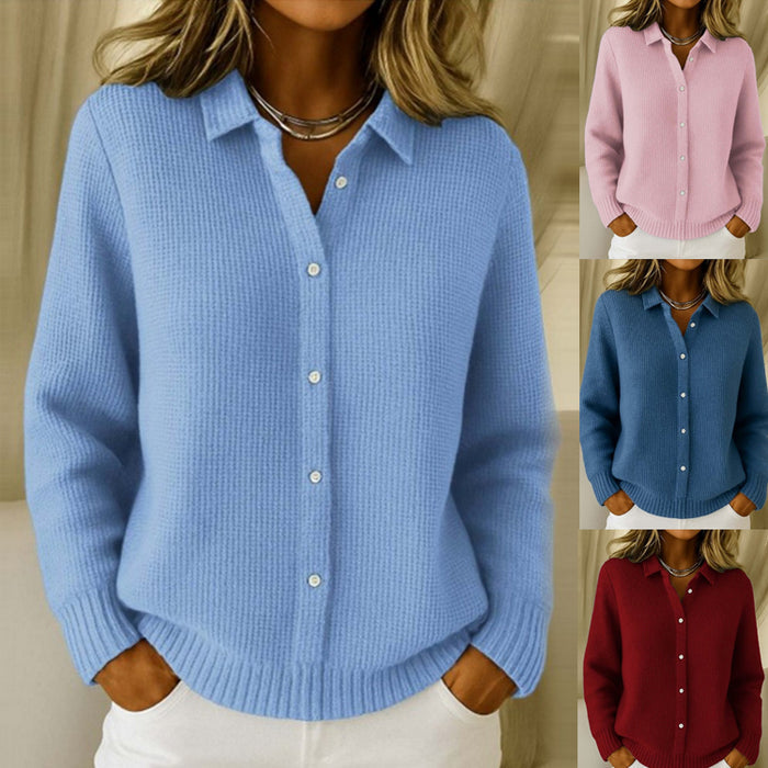 Women's Button Knit Lapel Long Sleeve Sweater