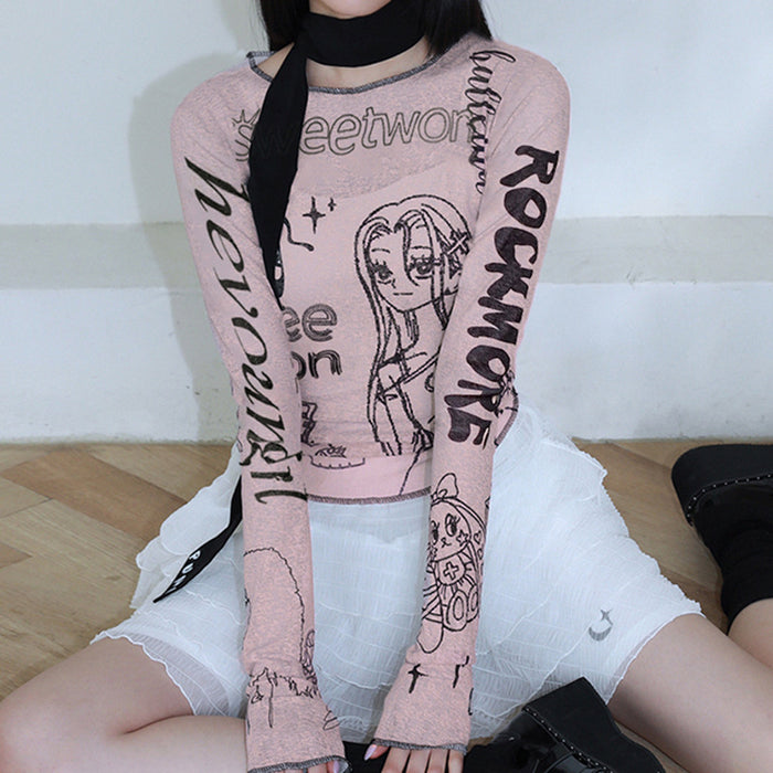 Women's Cartoon Print Mesh Long-Sleeve Top | Dopamine Dressing